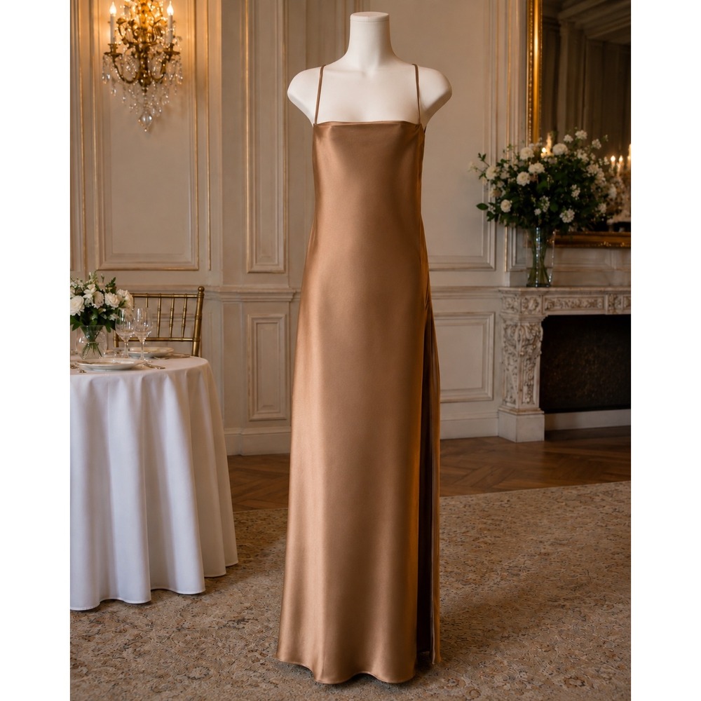 Bec + Bridge The Dreamer Bronze Satin Lace Up Back Maxi Dress US 8 Wedding adjus